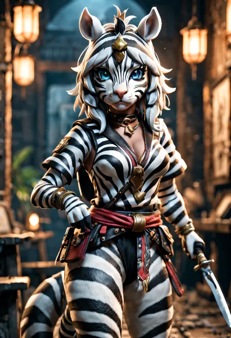 full body Esbian、Cool Female Zebra、Pop Female Zebra、Cute female zebra、Tiere、diorama、symple background、bandana、Holding a knife in...