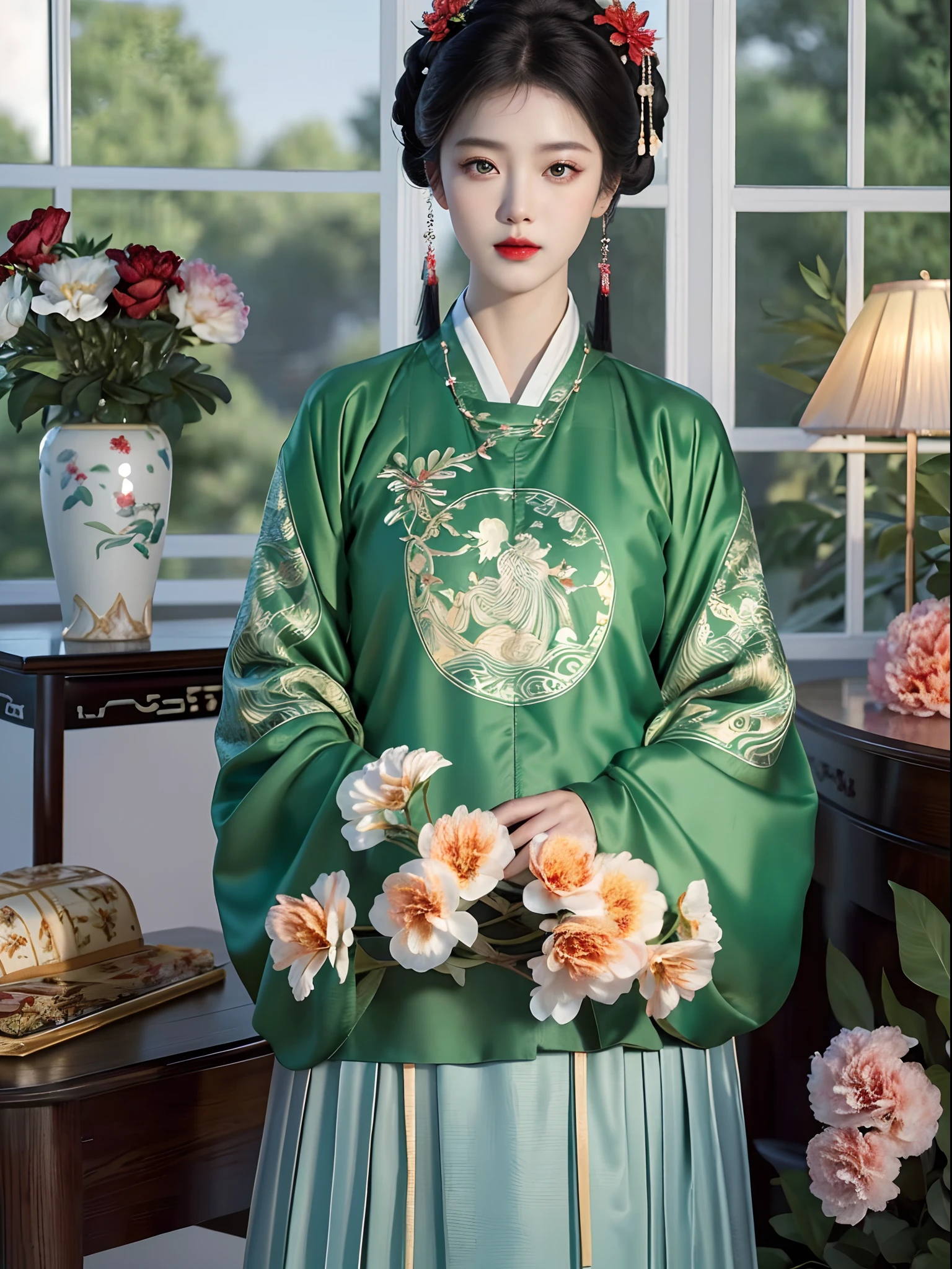 (Hanfu),(floral patterns:1.3),(Green shirt),(a white long skirt),(Long sleeves),1 girl,full bodyesbian,(Short hair:1.1), (Realistic:1.7),((Best quality)),absurderes,(Ultra-high resolution),(Photorealistic:1.6),Photorealistic,rendering by octane,(Hyperrealistic:1.2), (photo-realistic face:1.2), (8k), (4K), (Masterpiece),(Realistic skin texture), (illustration, Cinematic lighting,the wallpaper),( Beautiful eyes:1.2),((((Perfect face)))),(Cute),(standing),(Black hair),Black eyes,Red lips, Indoors, chinese ornaments, wooden chinese table, window, Flowers,