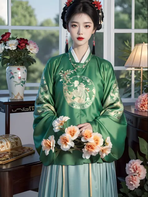 (Hanfu),(Estampados florales:1.3),(Green shirt),(a white long skirt),(Long sleeves),1 girl,full bodyesbian,(Short hair:1.1), (Re...