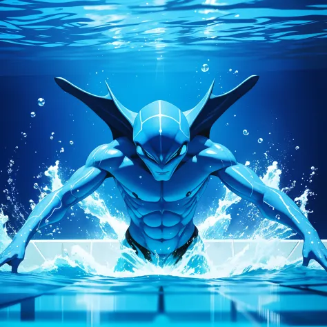 blue massive alien man swimming in pool, upper body, raise his both arms, from front, pov, :D, symmetry, motion blur, water spla...