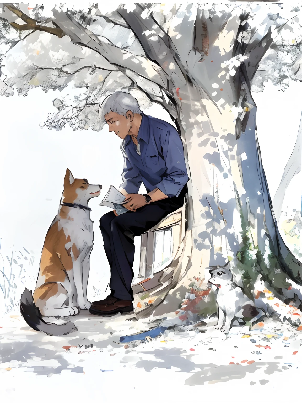 Cuadro de un hombre y un perro sentados en un banco., Morbio y Upington, Moebius y Makoto Shinkai, norman rockwell akihiko yoshida, Autor：Austin Briggs, ilustración a todo color, norman rockwell ross tran, phil noto y james jean, Norman Rockwell y James Jean, Autor：Kiyochika Kobayashi, ilustración de pintura