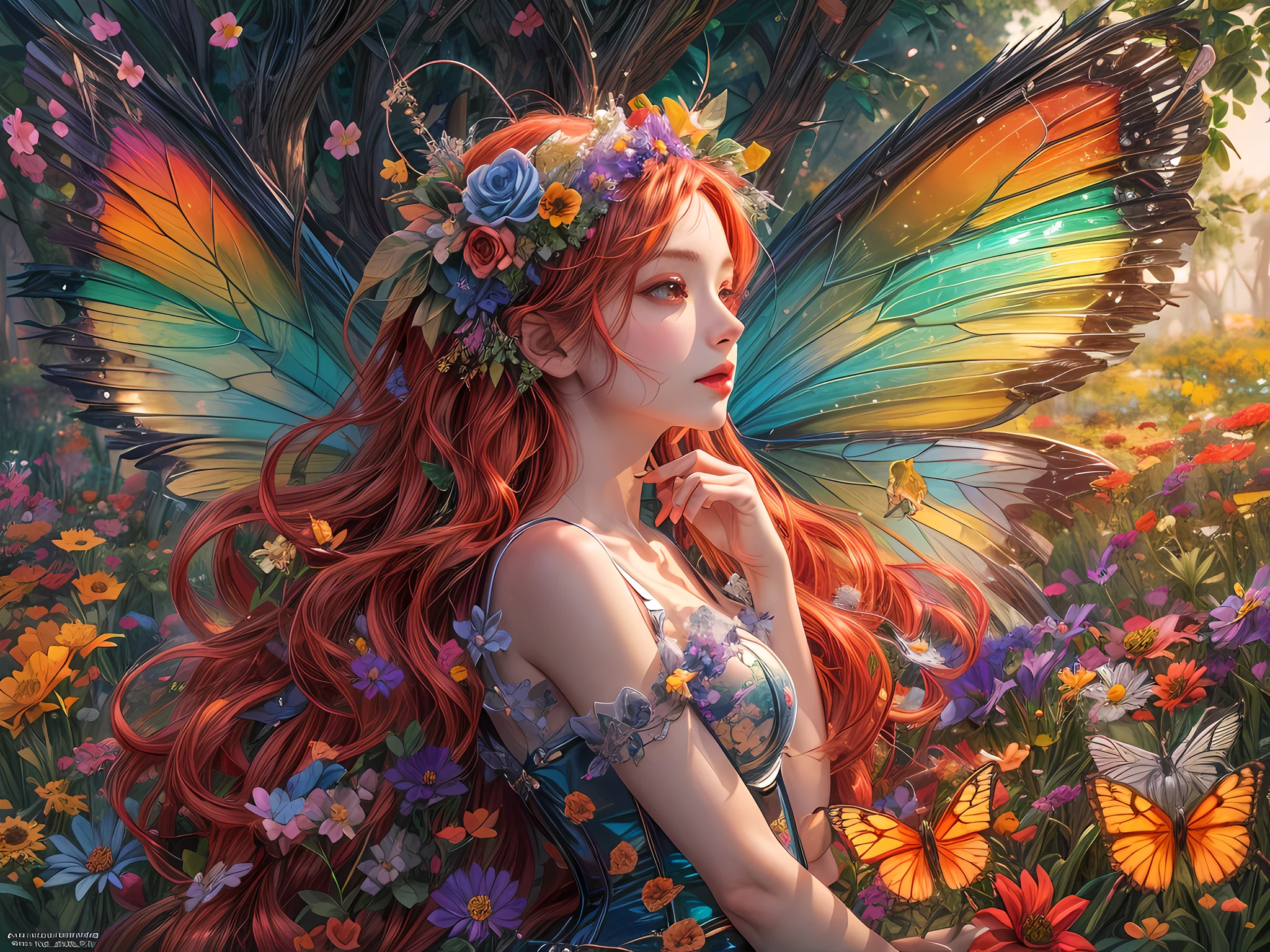 a picture of a fairy resting in a rainbow colored flower meadow, full body, an exquisite beautiful (ultra detailed, Masterpiece, best quality: 1.4) female fairy, dynamic angle (best detailed, Masterpiece, best quality), best detailed face (best detailed, Masterpiece, best quality: 1.5), ultra feminine (best detailed, Masterpiece, best quality), (white butterfly wings: 1.3)  butterfly_wings, red hair, long hair, braided hair, dynamic eyes color, (wearing latex corset: 1.4), red corset, (black high heeled boots: 1.4), resting in (rainbow colored flower meadow: 1.6), full colored, (perfect spectrum: 1.3),( vibrant work: 1.4) vibrant shades of red, orange, yellow, green, blue, indigo, violet  day light, sun rising,  high details, fantasy art, RPG art best quality, 16k, [ultra detailed], masterpiece, best quality, (ultra detailed), full body, ultra wide shot, photorealistic, mecha musume