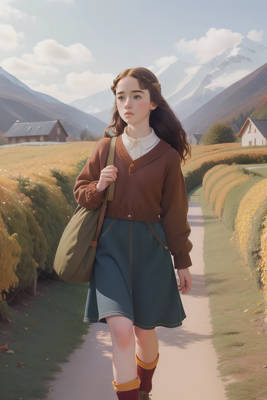 2003, mountain village. Location: Elmira. Pre-raphaelite 16-year-old Anna Popplewell, walking to school, autumn,, ((((casual Clothing from the 2000s)))) ((Hairstyle of the 2000s)), ((Wes Anderson cinematic style)), colorful