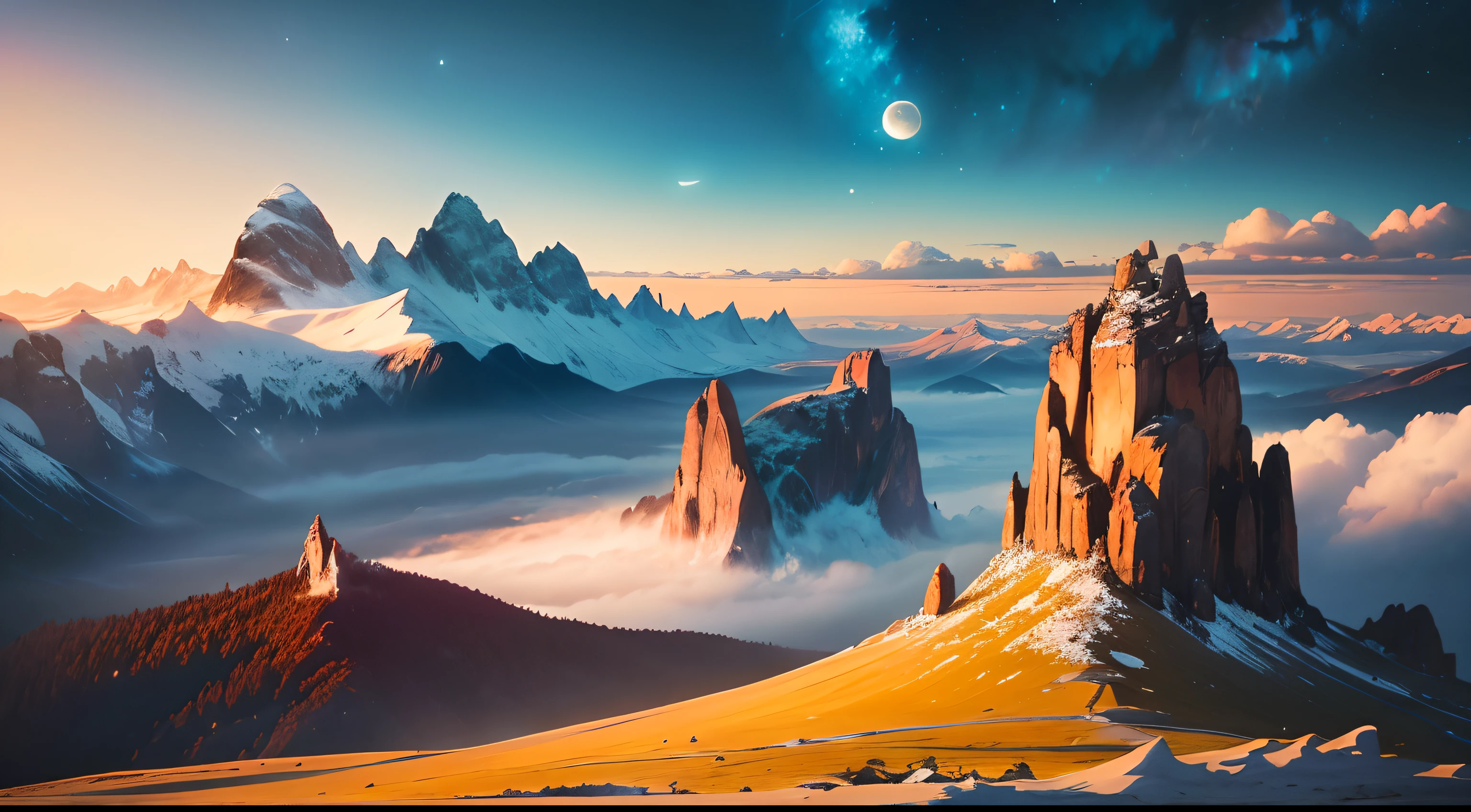 (best quality,4k,8k,highres,masterpiece:1.2),ultra-detailed,(realistic,photorealistic,photo-realistic:1.37),landscape,mountains,noon,sky,stars,shooting star,trees,colorful,surrealistic lighting,serene atmosphere,ethereal,peaceful,grandeur,tranquil,rolling hills,expansive views,majestic peaks,lush greenery,deep blue skies,breathtaking scenery,airy clouds,dreamy,immersive,calm,harmony,sublime,vivid colors,sparkling stars,luminous moonlight,spectacular sunset,magical twilight,misty morning,dim rays of sunlight,shimmering celestial objects,glowing constellations,whispering winds,majestic hights,endless horizon,serene stillness,undulating landscape,natural wonders,tranquil beauty,quiet solitude,awe-inspiring panorama,heavenly scenery,splendid vistas,soaring mountains,breathtaking beauty,natural majesty,perennial trees,billowing clouds,celestial haven,mystical aura,unspoiled nature.