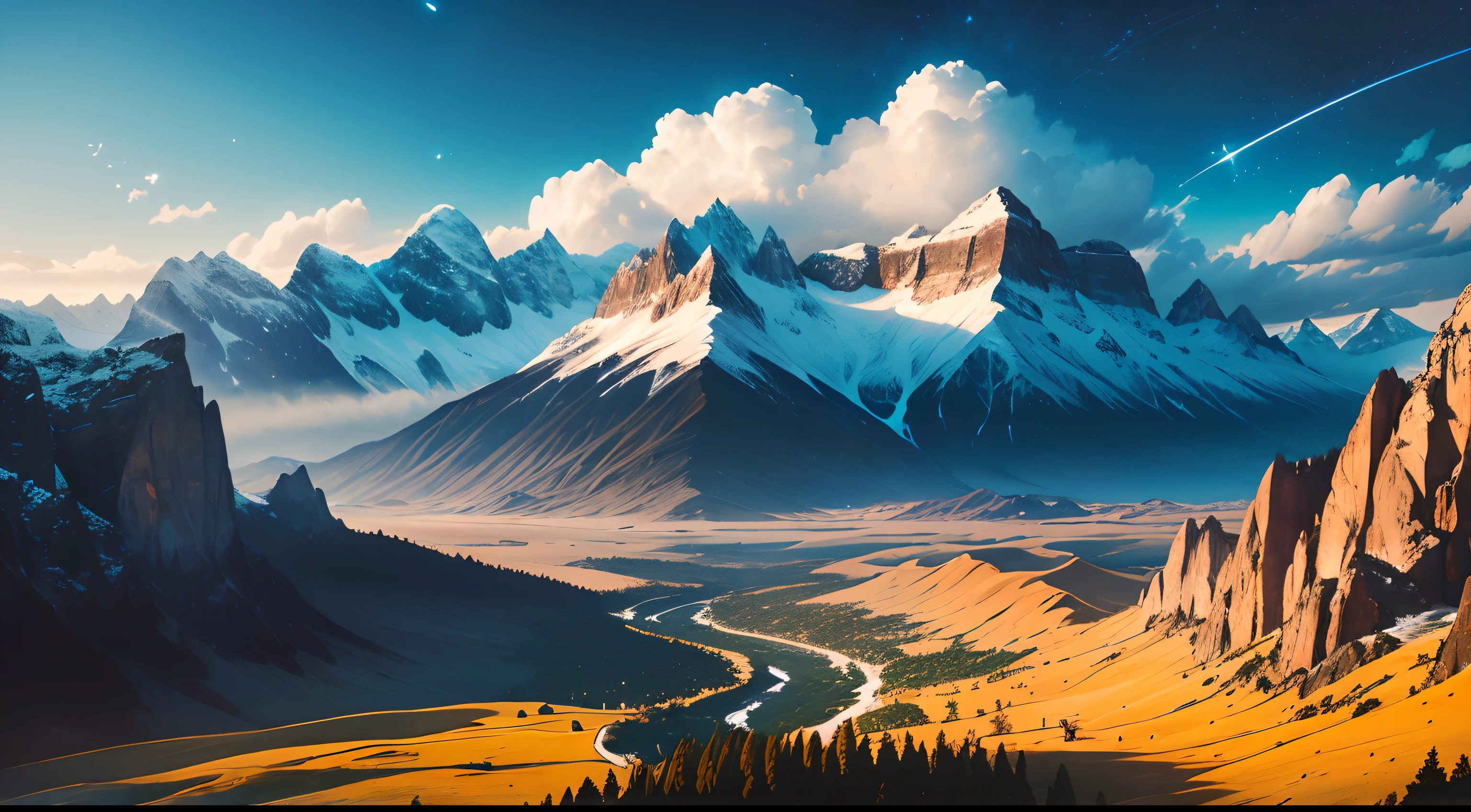 (best quality,4k,8k,highres,masterpiece:1.2),ultra-detailed,(realistic,photorealistic,photo-realistic:1.37),landscape,mountains,noon,sky,stars,shooting star,trees,colorful,surrealistic lighting,serene atmosphere,ethereal,peaceful,grandeur,tranquil,rolling hills,expansive views,majestic peaks,lush greenery,deep blue skies,breathtaking scenery,airy clouds,dreamy,immersive,calm,harmony,sublime,vivid colors,sparkling stars,luminous moonlight,spectacular sunset,magical twilight,misty morning,dim rays of sunlight,shimmering celestial objects,glowing constellations,whispering winds,majestic hights,endless horizon,serene stillness,undulating landscape,natural wonders,tranquil beauty,quiet solitude,awe-inspiring panorama,heavenly scenery,splendid vistas,soaring mountains,breathtaking beauty,natural majesty,perennial trees,billowing clouds,celestial haven,mystical aura,unspoiled nature.