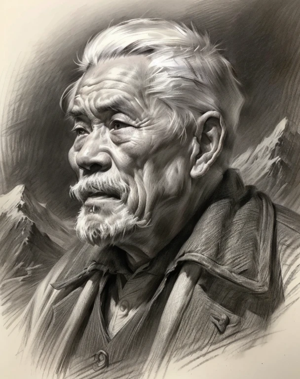 (A high resolution,Best quality,Realistic),(Portrait,Character) 's (Chinese old man:1.1),(Side view:1.1), Around (70 years old:1.1). The man has (Wrinkles:1.2) On his face, Show the mark of a better life. his (Expressive eyes),(Wise eyes:1.1) Show the depth of his experience. he had (Thick, White hair),(White hair:1.1) This adds to his noble appearance.

Portrait in (Classic charcoal style:1.2) with (Fine, detailedshadows:1.1), Capture every single one (wrinkle:0.9) and (wrinkle:0.9) In front of men. Sketching techniques brought out (Texture:1.1) His skin, Make it feel three-dimensional. The background is tranquil (landscape:1.1) with (misty mountains:1.2) and (Flowing rivers:1.1), It symbolizes the wisdom and serenity that comes with age.

The image is (Exceptional quality:1.2), with (清晰's线条:1.1) and (Subtle tones:1.1) Create an (true to life:1.37) Representatives of the elderly. the lighting is subdued， (Natural:1.1), Emphasize the contours of his face，adding depth to the overall composition.

This artwork captures the beauty and elegance of an elderly Chinese man, Reveal the wisdom and stories hidden beneath his old countenance. It's a (A touching portrayal) Celebrating China's rich history and cultural heritage.