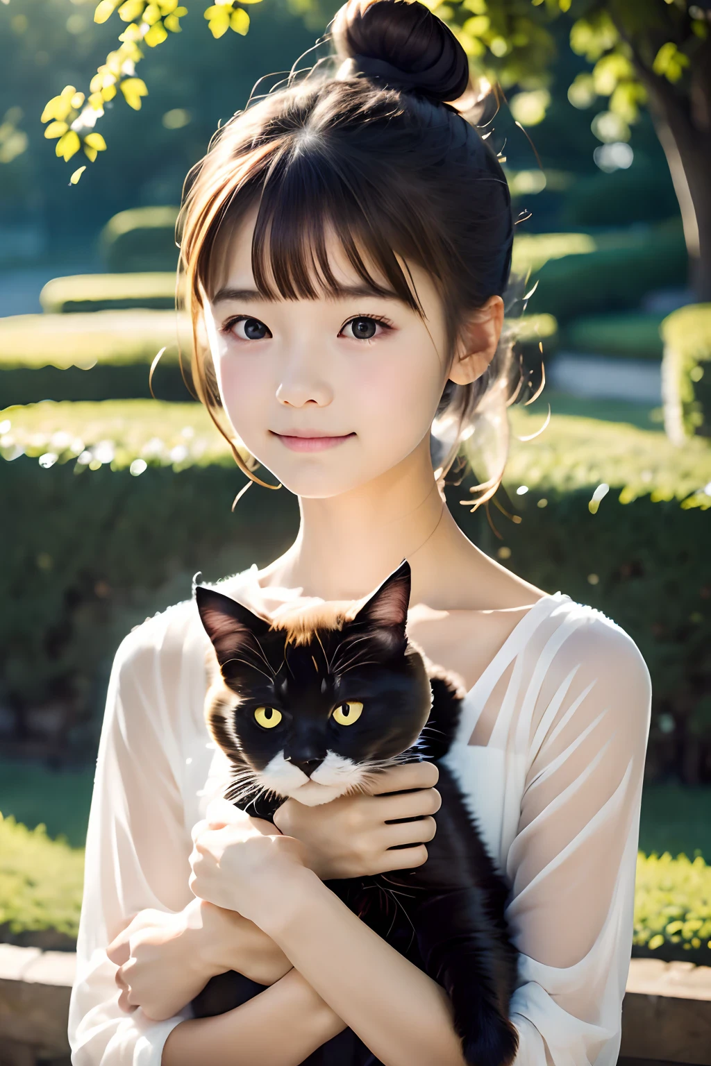 最高品質、黒猫を抱く女の子、かわいい女の子、茶色の髪を結んだお団子の髪、黒猫、ナチュラルな見た目、ロングショット、自然光