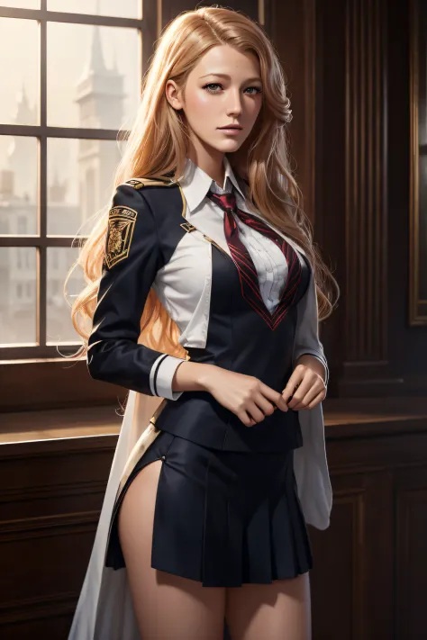 Blake Lively, wearingelegant sexy school uniform, character portrait, 4 9 9 0 s, long hair, intricate, elegant, highly detailed,...