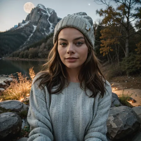 Margot Robbie, photorealistic, best quality, hyper detailed, beautiful woman, selfie photo, upper body, solo, wearing pullover, outdoors, (night), mountains, real life nature, stars, moon, (cheerful, happy), sleeping bag, gloves, sweater, beanie, flashligh...