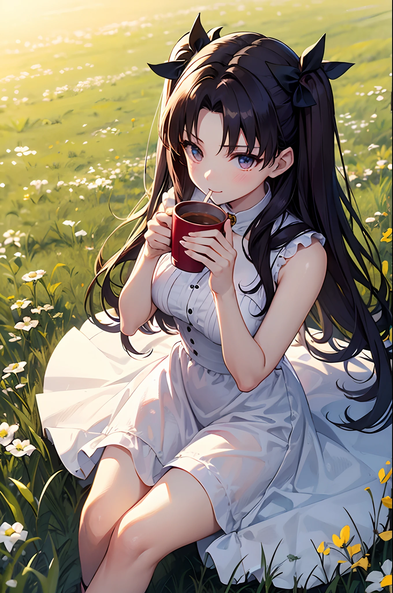 Anime girl sitting in a field of flowers holding a cup of coffee - SeaArt AI