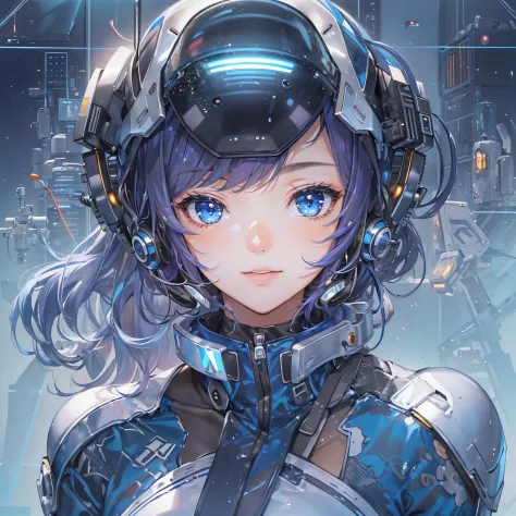 (​masterpiece、top-quality、Top resolution、Distinct_image、Detailed details、The angle is from above): (Full-body figure、one girls、a small face、Japan Faces、short-cut、Girl with dark blue hair、（the perfect body：1.4）、Glittering blue colored eyes、Pilot suit in whi...