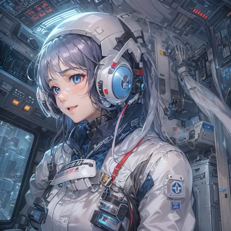 (​masterpiece、top-quality、Top resolution、Distinct_image、Detailed details、The angle is from above): (Full-body figure、one girls、Japan Faces、short-cut、Girl with dark blue hair、（the perfect body：1.4）、Glittering blue colored eyes、Pilot suit in white and blue a...