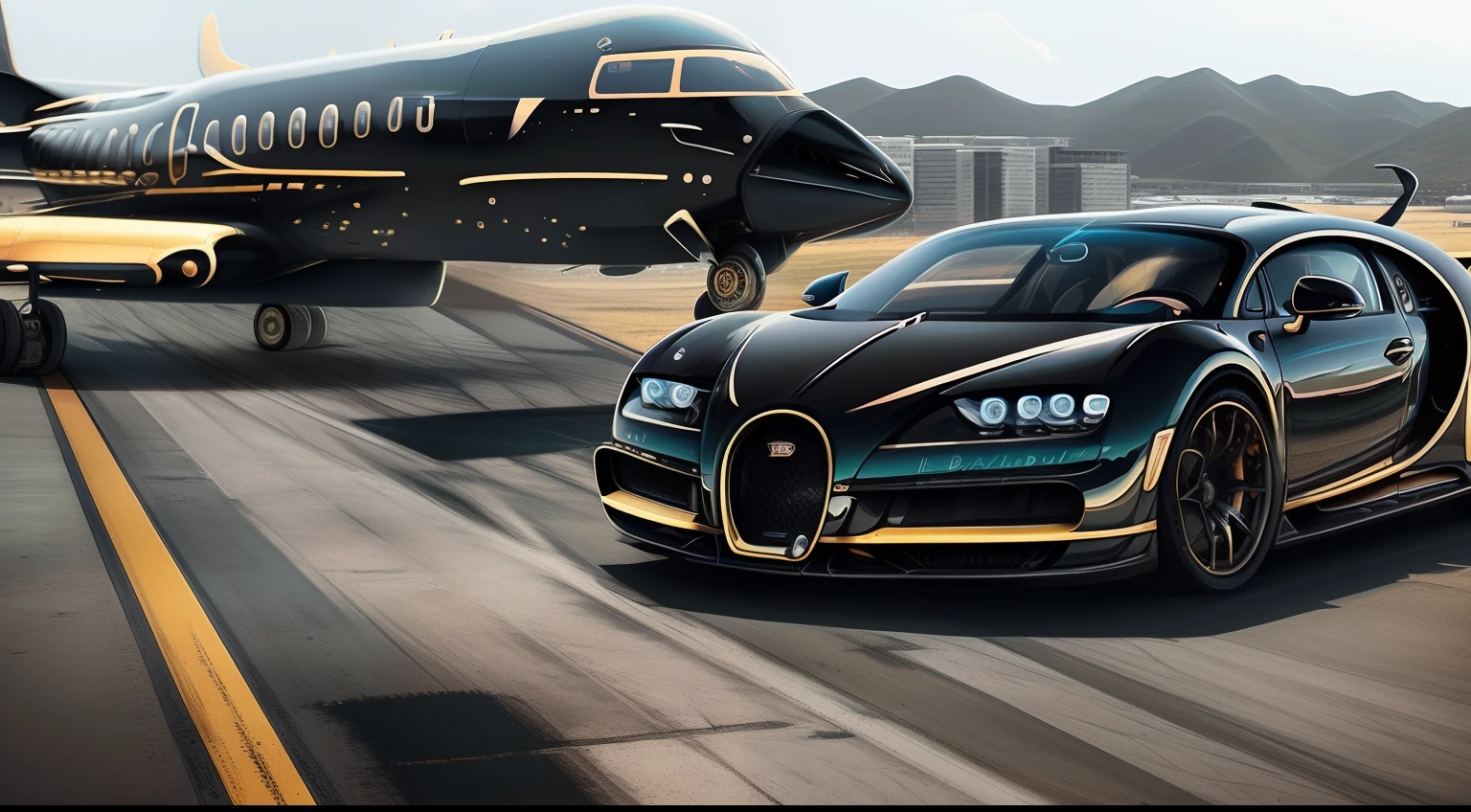 A close up of a bugatti car driving on a runway near a plane - SeaArt AI