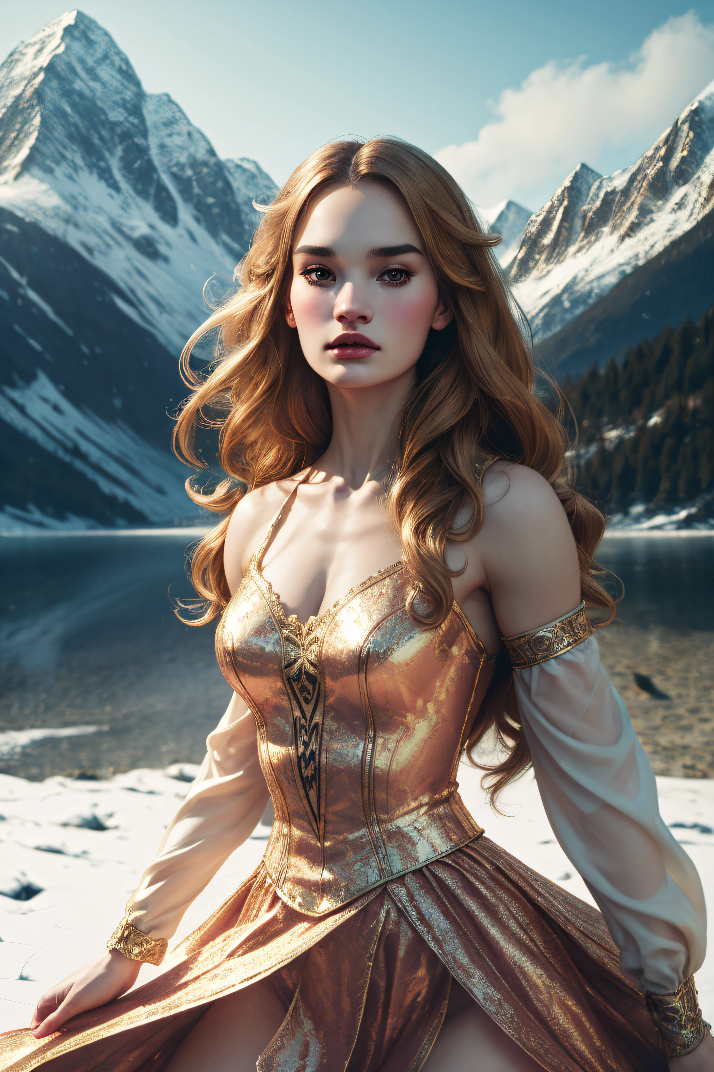 Lily James, ballerina costume, stand against the background of the mountains, character portrait, 4 9 9 0 s, long hair, intricate, elegant, highly detailed, digital painting, artstation, concept art, smooth, sharp focus, illustration, art by wlop, charlie bowater and alexandra fomina
