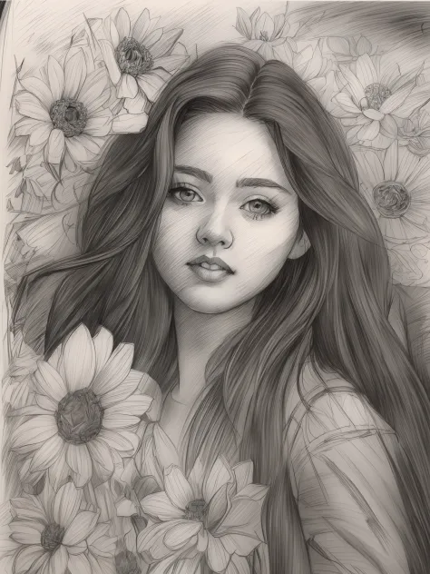 1girl, ((solo))，in a sea of flowers，full moon background，realistic sketch, hyperrealistic sketch, detailed pencil sketch, pencil...