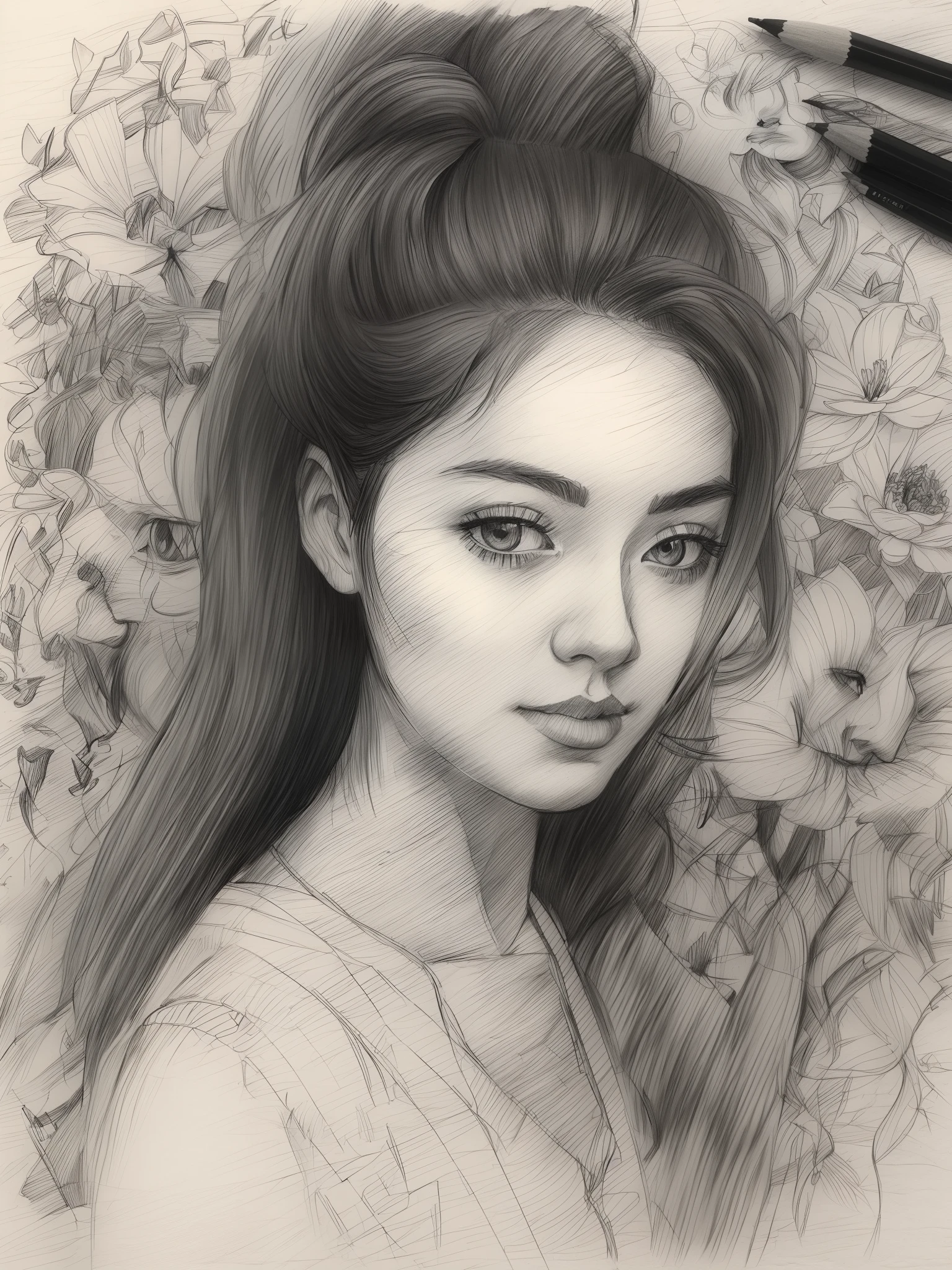 1girl, ((Solo))，In a sea of flowerull moon background，realistic sketch ...