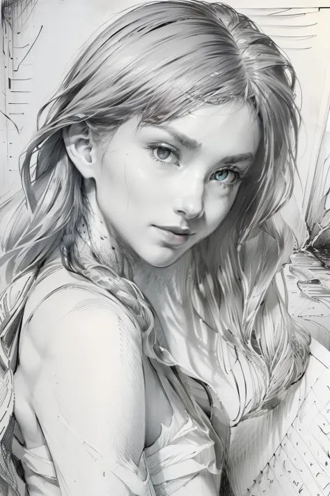 (Best quality,4K,A high resolution,Masterpiece:1.4), Monochrome style, Beautiful women, long and flowing hair, Glowing eyes, Realistic face, Masterpiece, High details, Sketch with a pencil, Ink sketch, Beach background, High-detail lighting, Slight smile, ...