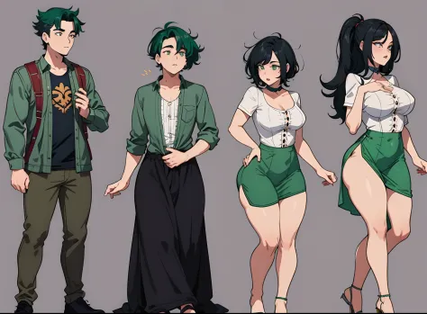 masterpiece,  best quality,gender transformation, mtf, sequence, cloth bulge, full body, standing, simple background, erection under clothes, black hair, green hair, , dress,