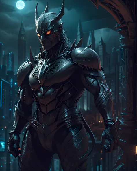 Dark Spiderman from the dark knight stands imposing in a gothic lost city. Moonlight highlights your muscles and scars. The scenery is lush and mysterious, with futuristic tech and surroundings. The camera details everything, a warrior woman, in front of h...