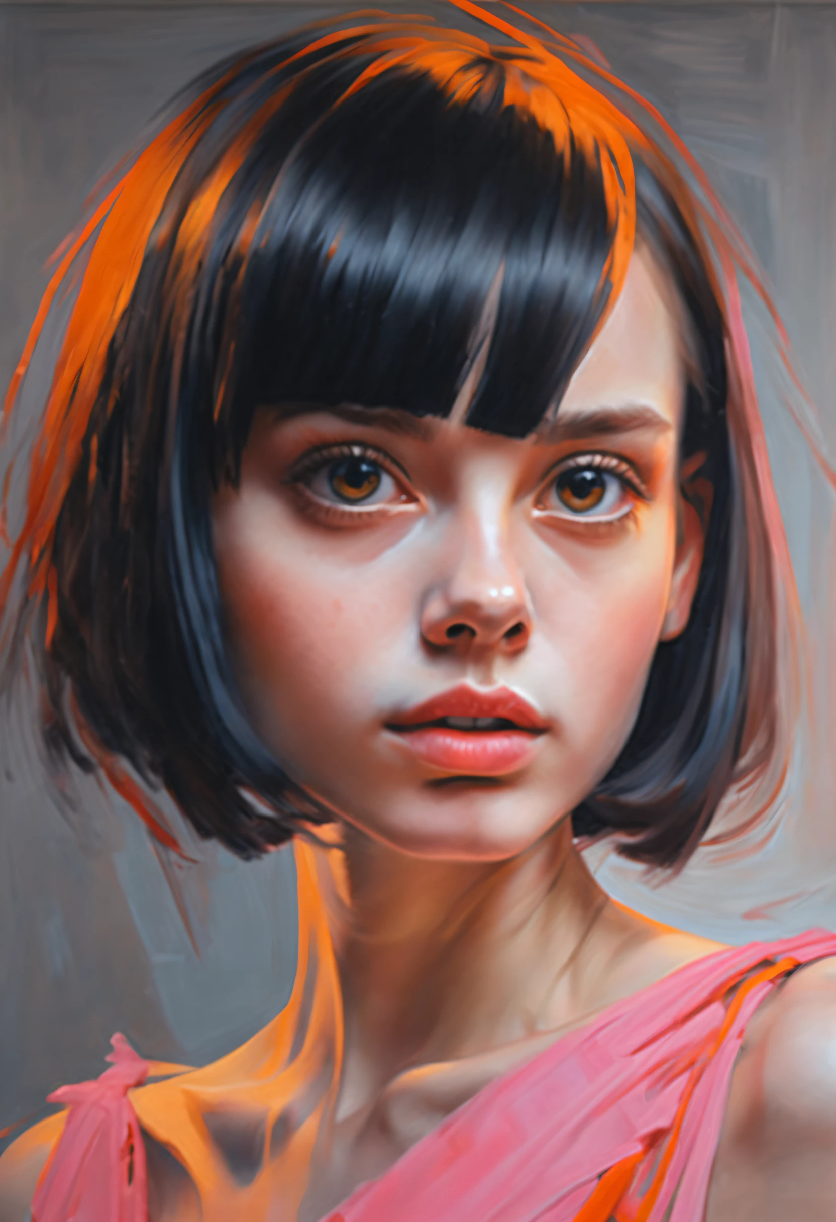 attractive slavic girl with big eyes, black hair, short chaotic bob with pink strands, in an asymmetrical orange couture dress, (by Yanjun-Cheng), fresh oil palette canvas/acrylic, intricate, extreme detail, complex key, ((single shot)), ((best quality)), ((masterpiece)), ((realistic)), 8k