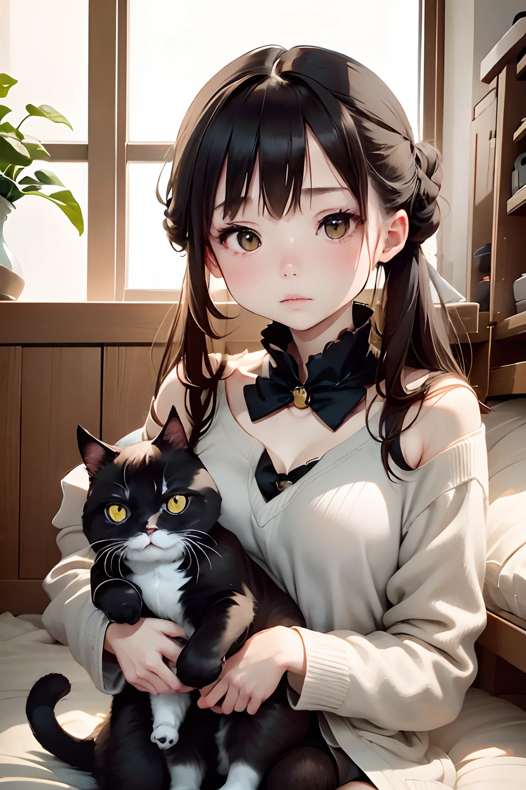 de primera calidad、Chica sosteniendo un gato negro、linda niña de 14 años、Moño con cabello castaño atado.、gato negro、aspecto natural、tiro largo、luz natural