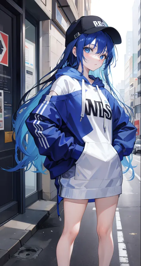 masterpiece, 1girl, solo, long hair, blue hair, hoodie, off-shoulder: 1.2, mob cap, street, hand on hip, hand in pocket