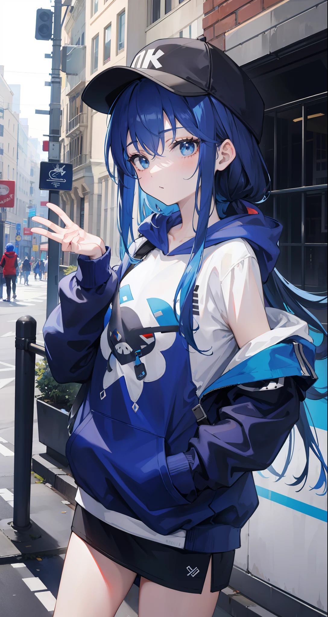 masterpiece, 1girl, solo, long hair, blue hair, hoodie, off-shoulder: 1.2, mob cap, street, hand on hip, hand in pocket