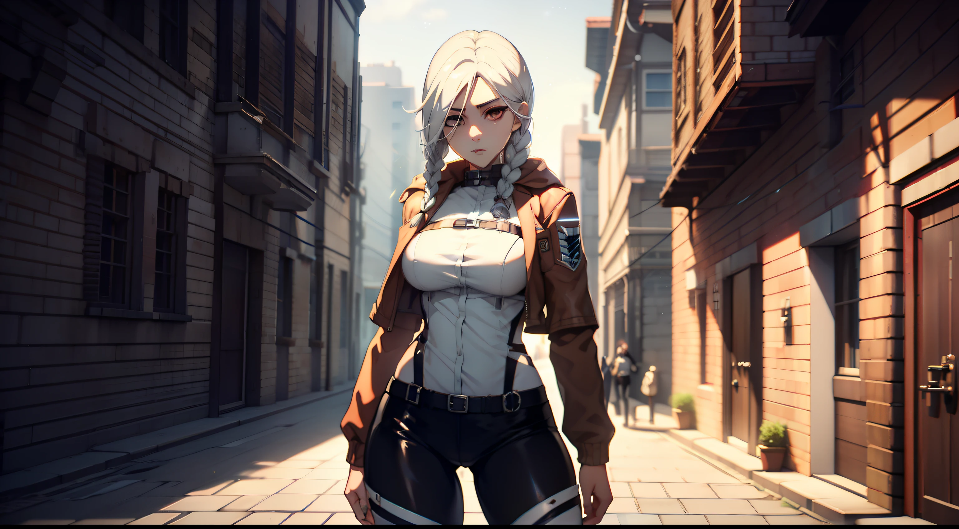 photo portrait, in full height (Body Full 1.1.), Beautiful figure, Lucy from the anime series Cyberpunk Edge Runner, a 1girl, facing the viewer, Beautiful figure (Proper Anatopy 1.1.), in full height (Body Full 1.1), Slim, Slender figure, Slender figure, shapely legs, leather pants, Anime style, white colored hair, white colored hair, that disappear at the ends, Bob hairstyle, short white jacket, tight black suit, Cutouts on the shoulders, Cutouts on the chest, Skinny black leather pants, Very detailed face, Very beautiful face, Very sexy ass, in full height (Body Full 1.1), Tall android girl, small elastic breasts, Little ass, Glitter Head Mask, Hair is gathered in a braid, Beautiful slim figure, small buttocks, A braid around the head, Round braid, Red Star in the Forehead, Short Brown Jacket, black tight suit, darkly，gris & Dark Style：1.1), Light, femininity，tmasterpiece，beste-Qualit，higly detailed，Visible to the feet， 8K resolution， High Sharp， 8K resolution， higly detailed， 8K UHD， Professional lighting， Photon mapping，physical based rendering， a perfect face， detailed face and body， ray traced， expressive look， Cinmatic Lighting，elastic small breasts, Heightened sexuality，