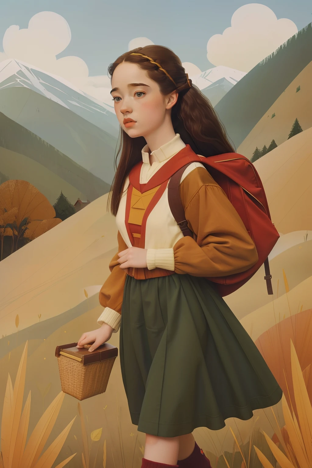 2003, mountain village. Location: Elmira. Pre-raphaelite 16-year-old Anna Popplewell, walking to school, autumn,, ((((casual Clothing from the 2000s)))) ((Hairstyle of the 2000s)), ((Wes Anderson cinematic style)), colorful