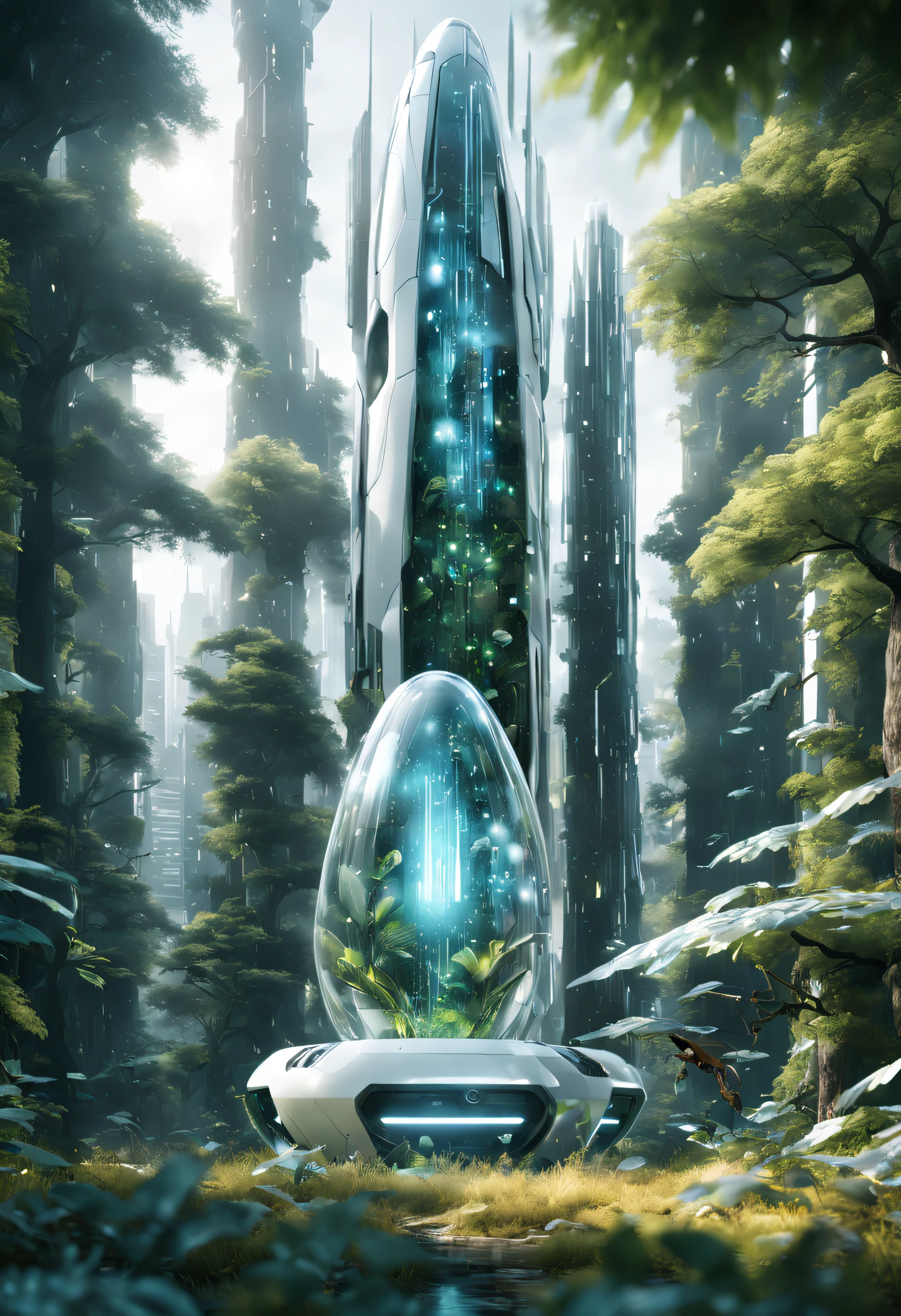 HD8K, A cinematic scene, Warm lighting, glass buildings, High saturation, Contrasting compositions, White, Ceramic texture, crystal glass, Futuristic technology, droid, ln the forest, glowworm, Fantasy scenes,