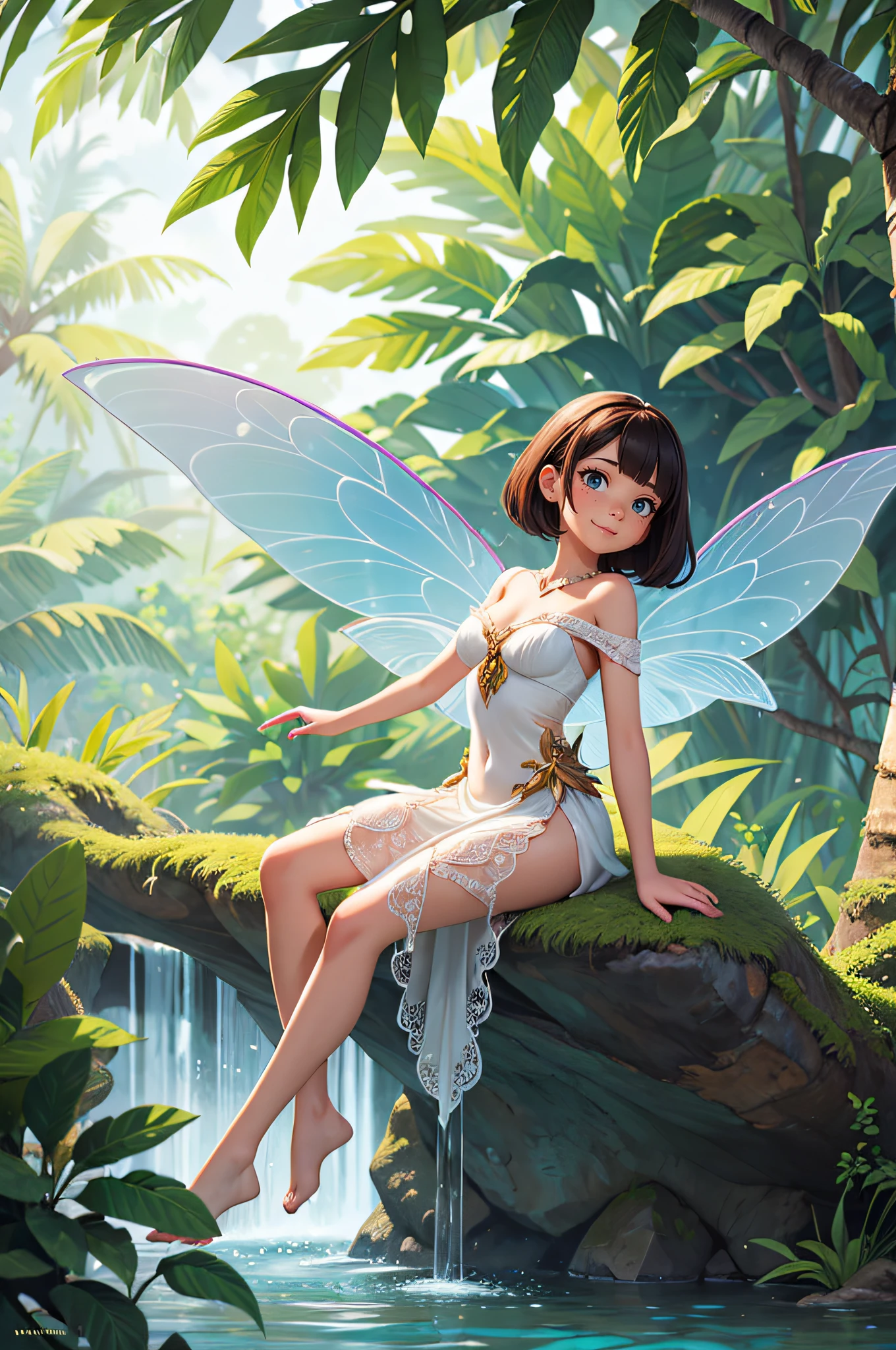 Imagine an elegant fairy with wings reminiscent of intricate lace patterns, perched on a crystal-clear waterfall, surrounded by lush tropical foliage, capturing a sense of tranquility and harmony with nature, Photography, macro lens (100mm),