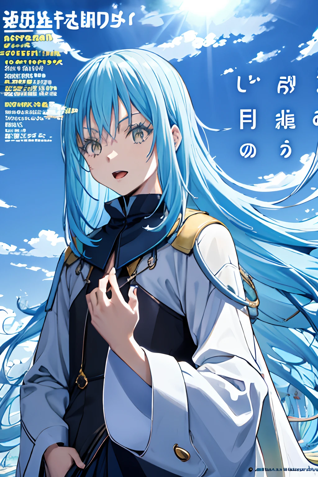 Anime magazine cover with a woman with blue hair and a blue sky background  - SeaArt AI