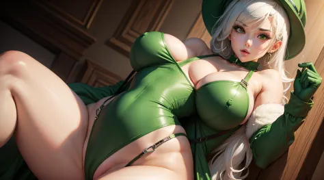 one-girl，Bigchest，thick leg，big breasts thin waist，Green hat，Green open-chested onesie，Suspenders，White gloves