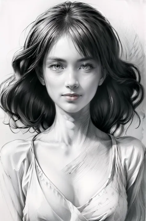(Best quality,4K,A high resolution,Masterpiece:1.4), Monochrome style, Beautiful women, long and flowing hair,Realistic face, Masterpiece, High details, Sketch 1 with a pencil.4, Ink Sketch 1.4, Beach background, High-detail lighting, Slight smile, Fair sk...