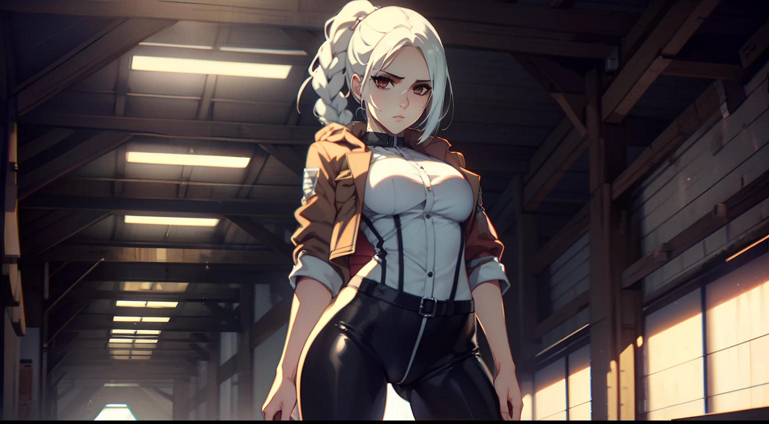 photo portrait, Beautiful figure, Lucy from the anime series Cyberpunk Edge Runner, Erotica, Nudie, half naked, a 1girl, facing the viewer, Beautiful figure (Proper Anatopy 1.1.), in full height (Body Full 1.1), Slim, Slender figure, Slender figure, shapely legs, leather pants, Anime style, white colored hair, white colored hair, that disappear at the ends, Bob hairstyle, short white jacket, tight black suit, Cutouts on the shoulders, Cutouts on the chest, Skinny black leather pants, Very detailed face, Very beautiful face, Very sexy ass, in full height (Body Full 1.1), Tall android girl, small elastic breasts, Little ass, Hair is gathered in a braid, Beautiful slim figure, small buttocks, A braid around the head, Round braid, Red Star in the Forehead, Short Brown Jacket, black tight suit, darkly，gris & Dark Style：1.1), Light, femininity，tmasterpiece，beste-Qualit，higly detailed，Visible to the feet， 8K resolution， High Sharp， 8K resolution， higly detailed， 8K UHD， Professional lighting， Photon mapping，physical based rendering， a perfect face， detailed face and body， ray traced， expressive look， Cinmatic Lighting，elastic small breasts, Heightened sexuality，