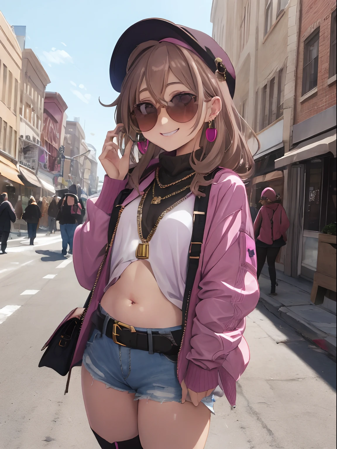 Crowded Downtown,Long-sleeved T-shirt that shows the chest,Navel Fashion,Oversized jacket,Shorts and knee-high socks,garterbelts,long boots, Light Brown Straight Hair,Eyes are pink,Wear sunglasses、Wearing a hat with a brim,Shoulder bag,Tapioca Drink,slightly red cheeks,a smile,Smile shyly with a little down,Ring earrings,Packed with accessories such as necklaces and rings,gals