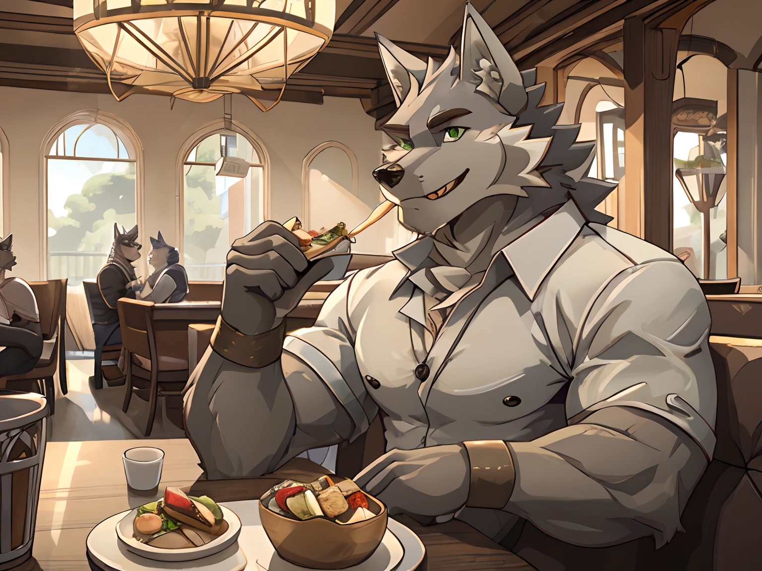 Anime - style illustration of a man eating a meal in a restaurant ...