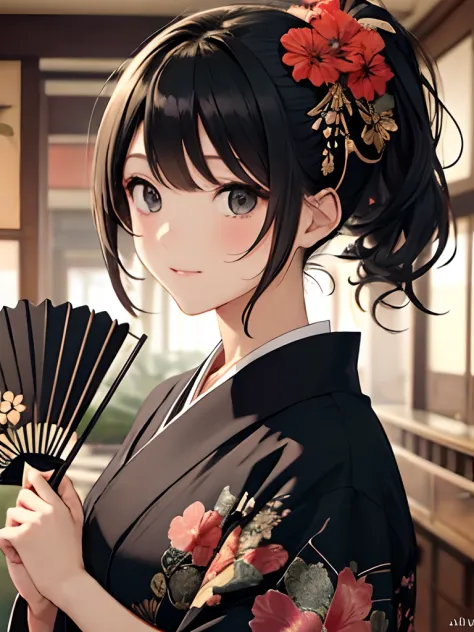 girl with black kimono flower pattern, ponytail, feminine, black hair, kanzashi, hand fan