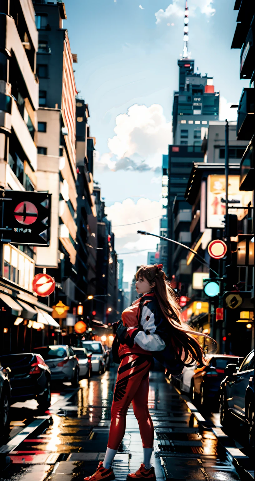 best quality, masterpiece:1.2, photorealistic:1.37, ultra-detailed, highres, 4k, 8k, solo performance, viewing gallery, full body, exposed girl standing, long hair flowing, Asuka cosplay outfit, jacket, tight-fitting suit, hair accessory, detailed background, on the street, mysterious night, gentle rain, belly button exposed, holding her stomach