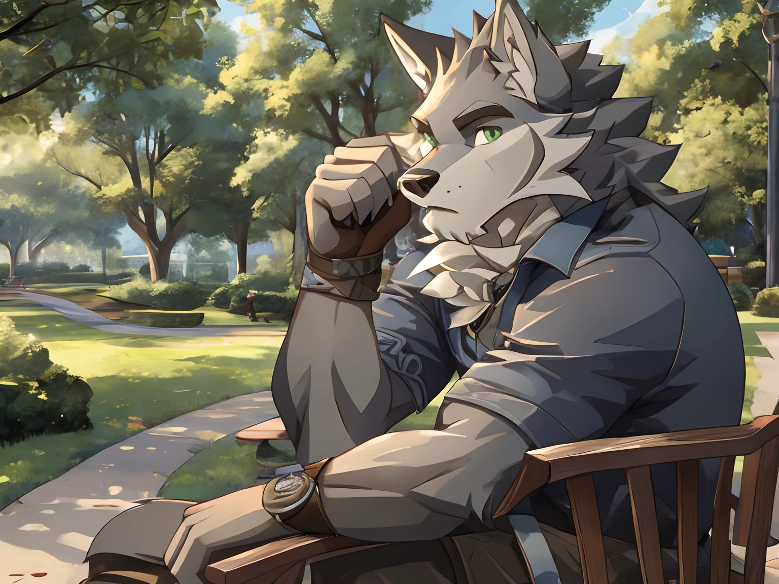 Best quality, Solo, Ranok, Furry Wolf, Gray Fur, Green Eyes, Medium Muscular Body, Handsome, Good Looking, Charming, Casual Shirt, Fierce, Cool Pose, Afternoon, Park Background.