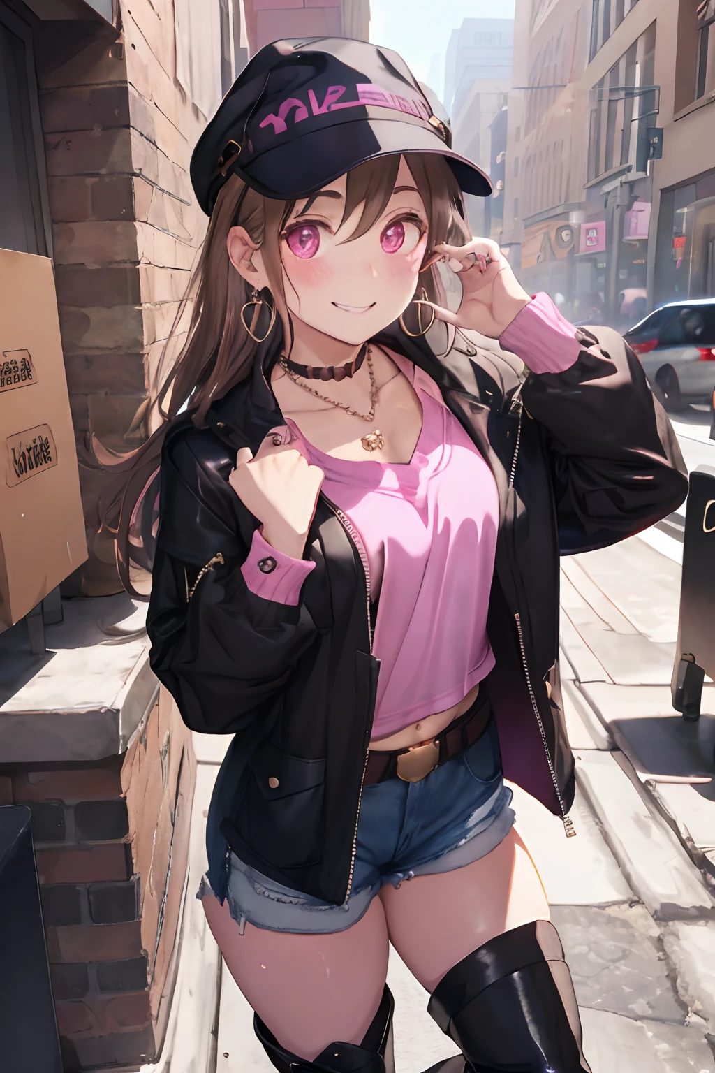 Crowded Downtown,Long-sleeved T-shirt with a revealing chest,Navel Fashion,Oversized jacket,Shorts and knee-high socks,garterbelts,long boots, Light Brown Straight Hair,Eyes are pink,Gesture to remove sunglasses,Wearing a hat with a brim,Shoulder bag,Tapioca Drink,slightly red cheeks,A smile,Smile a little depressed and embarrassed,Ring earrings,Packed with accessories such as necklaces and rings,gals