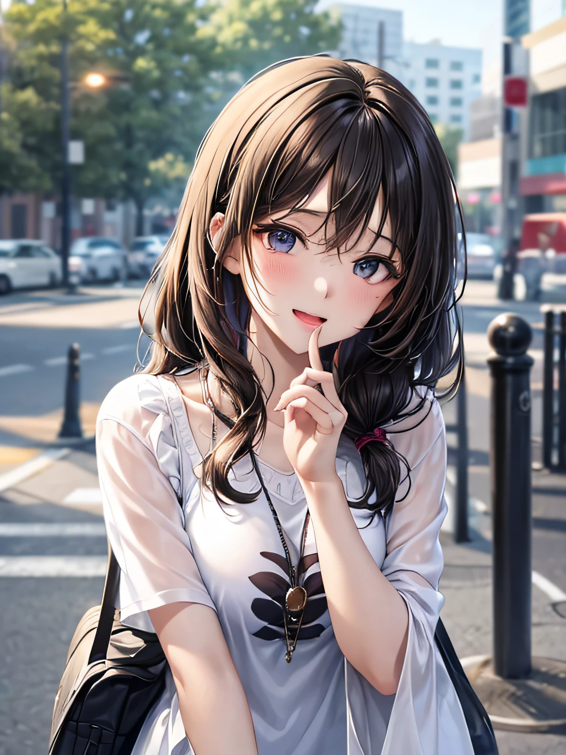 Anime girl with long hair and blue eyes posing on the street - SeaArt AI