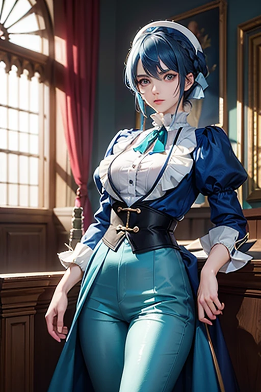 0ne middle age women in a justice Hall, Lawyer, 30 ans, Franziska Von Karma, Cyan Blue Hair, Puffy clothes, Clothing with ruffles, Wear a blue pant ,Use a Whip, Regard strict, Stern look. (Best quality:1.1), (Masterpiece:1.4), 1fille, (cheveux volumineux)+ , cheveux courts, (Yeux verts) Petits seins, (small lips ) + , peau brillante, brillant,