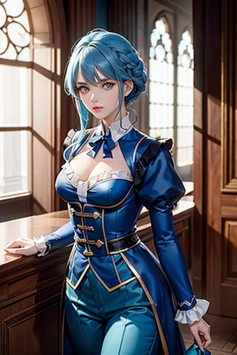 0ne middle age women in a justice Hall, Lawyer, 30 ans, Franziska Von Karma, Cyan Blue Hair, Puffy clothes, Clothing with ruffle...