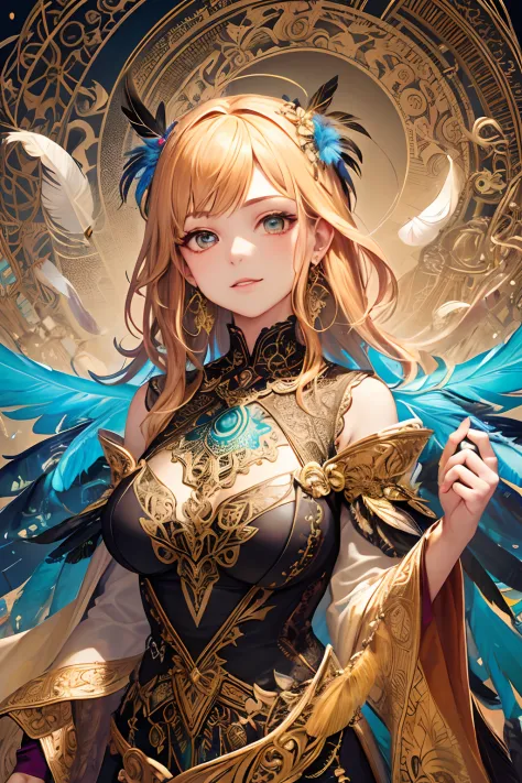 girl with，Huge breasts，off shoulders，Golden hair，Colored feathers，metal ornaments，colorful flower，Particle，Rays of Light，(masutepiece, of the highest quality, Best Quality, Official art, Beautiful and aesthetic:1.2), (1girl in:1.3), Extremely detailed,(Fra...