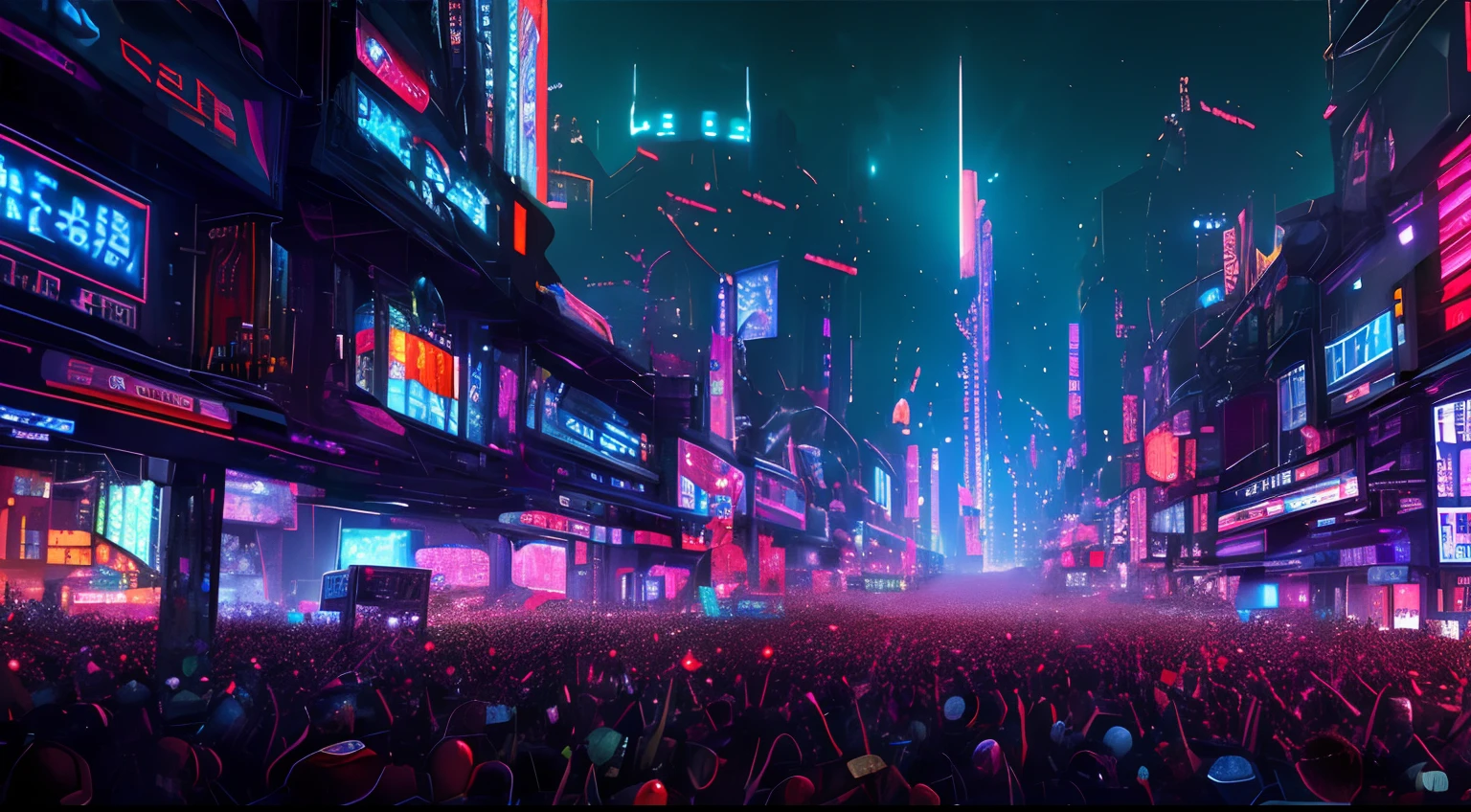 (Best Quality,16 k,HDR,Ultra-detailed,high resolucion,Masterpiece:1.2),Complex,extremely highly detailed,Space City,neons,particle effects,光线追踪,Cinematic lighting,Background with, Cyberpunk, Huge crowds