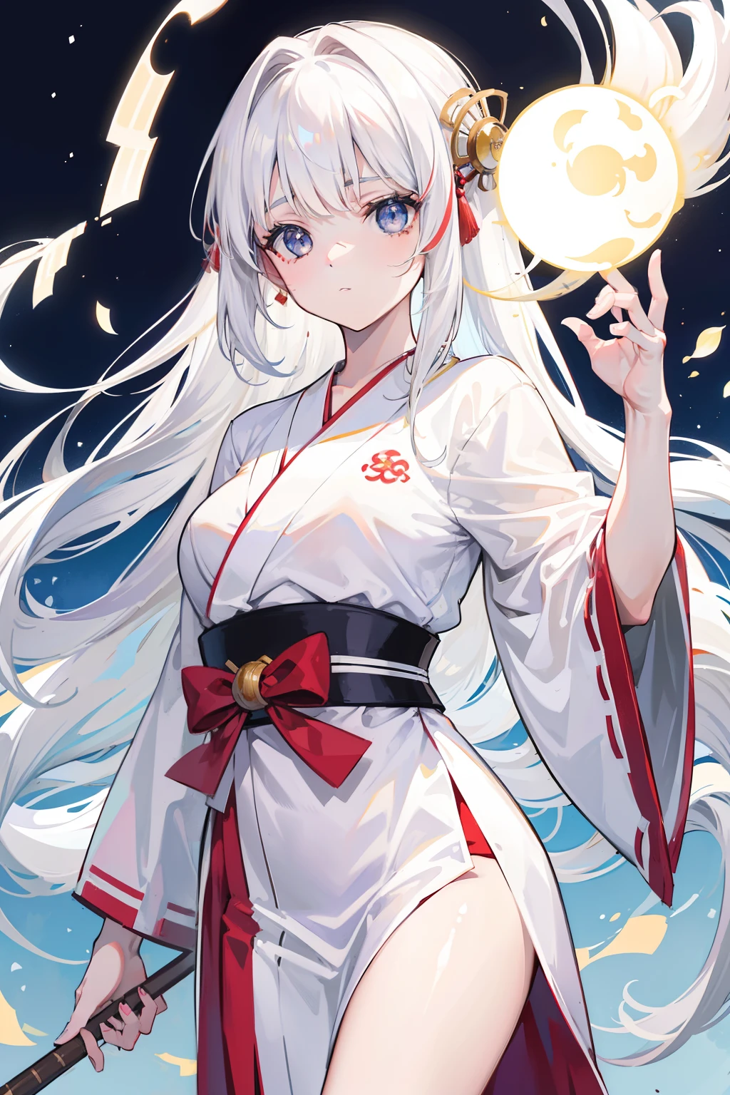 white  hair,Top image quality,teens girl,​masterpiece,de pele branca,Semi-long hair,,hime-cut,, out,Glowing face,Kyudogi,Kyudo,hakama,,,