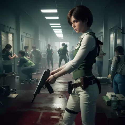 Rebecca Chambers, beautiful face, bob hair, perfect Face, wearing green vest with white pants,  nail polish, Look straight, glare