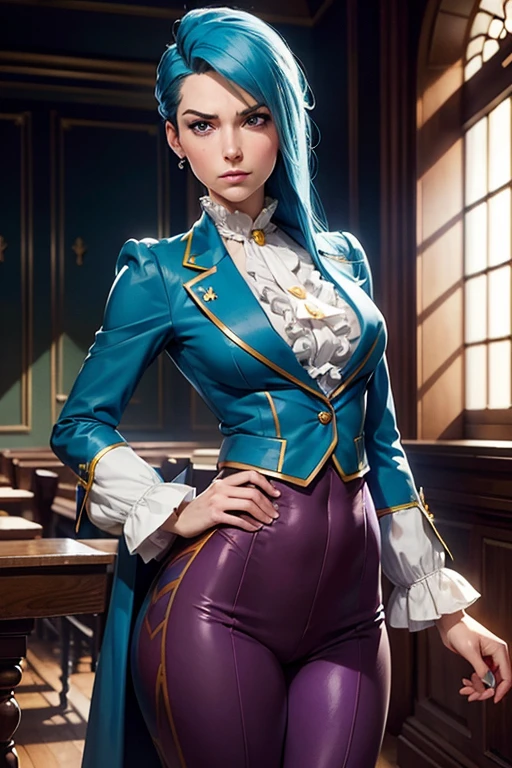 Franziska Von Karma ((Phoenix Wright : ace attorney)) in a justice Hall, Lawyer, 30 ans, Cyan Blue Hair, Puffy clothes, Clothing with ruffles, Wear a blue pant ,Use a Whip, Cyan blue clothes, , Regard strict, Stern look. (Best quality:1.1), (Masterpiece:1.4), (cheveux volumineux)+ , cheveux courts, Squared Chheveux (Yeux verts) Petits seins, (small lips ) + pose dynamique ,