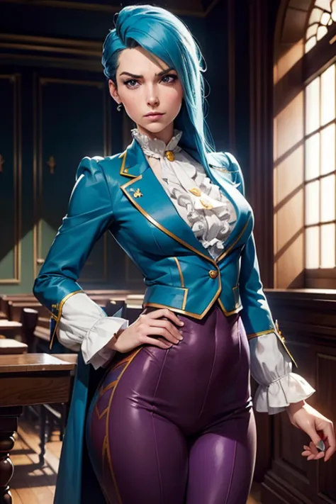 Franziska Von Karma ((Phoenix Wright : ace attorney)) in a justice Hall, Lawyer, 30 ans, Cyan Blue Hair, Puffy clothes, Clothing...